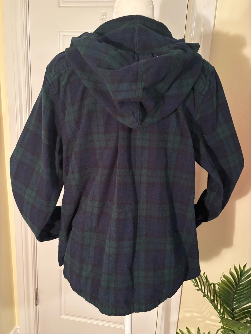 LL Bean Navy and Green Plaid Flannel Relaxed Zip Hoodie - Picture 2 of 6